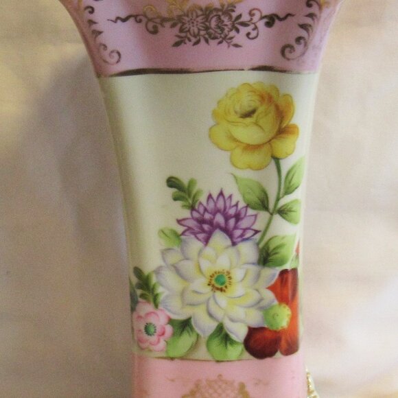 Vintage Noritake Wreath M Mark 4 Toed Vase Hand Painted Floral Pink & Gold J489 - Picture 2 of 10